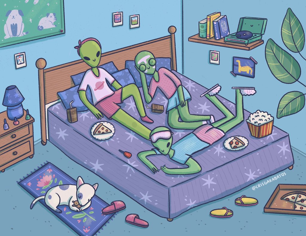 Aliens sleepover pijamada ilustración illustration
